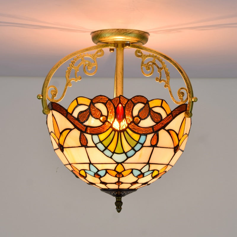 Traditional Tiffany Round Semi-Circle Iron Stained Glass 2-Light Semi-Flush Mount Ceiling Light For Bedroom