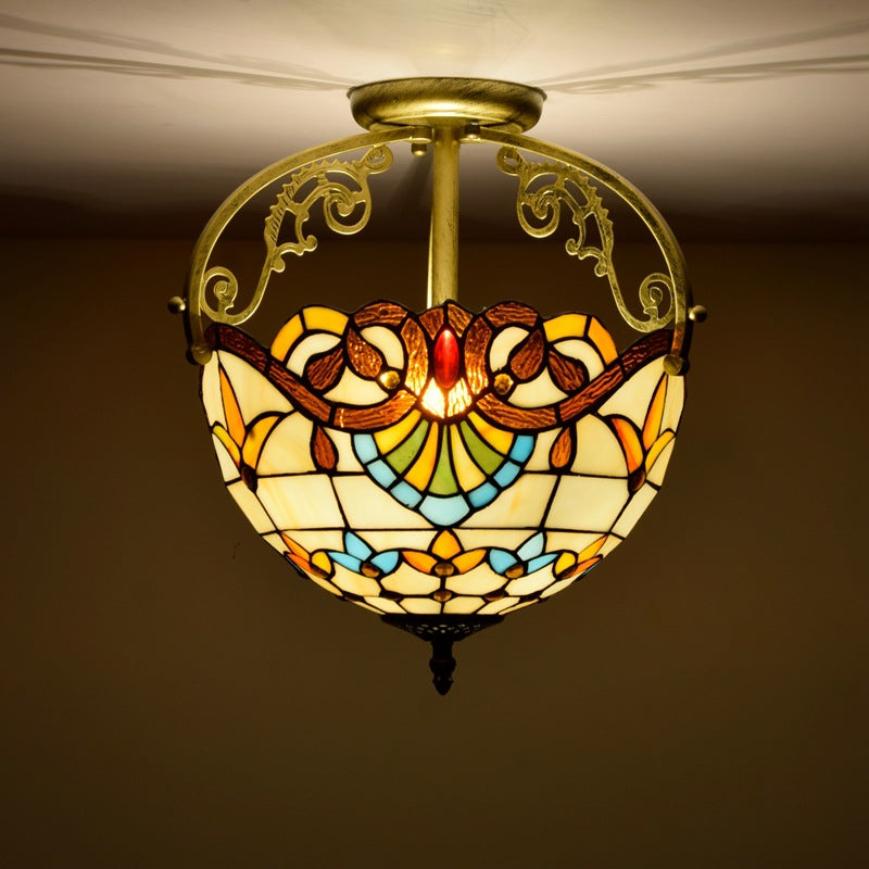 Traditional Tiffany Round Semi-Circle Iron Stained Glass 2-Light Semi-Flush Mount Ceiling Light For Bedroom