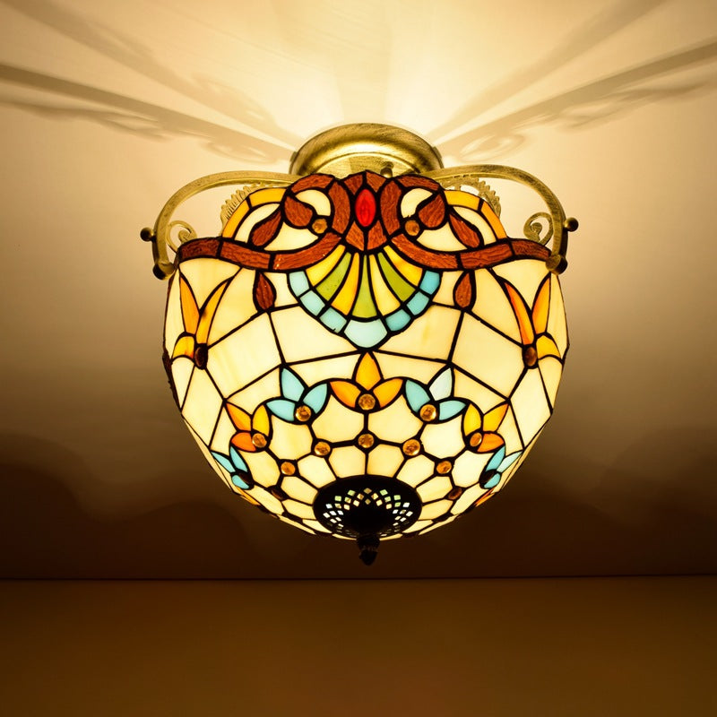 Traditional Tiffany Round Semi-Circle Iron Stained Glass 2-Light Semi-Flush Mount Ceiling Light For Bedroom