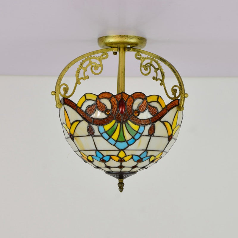 Traditional Tiffany Round Semi-Circle Iron Stained Glass 2-Light Semi-Flush Mount Ceiling Light For Bedroom