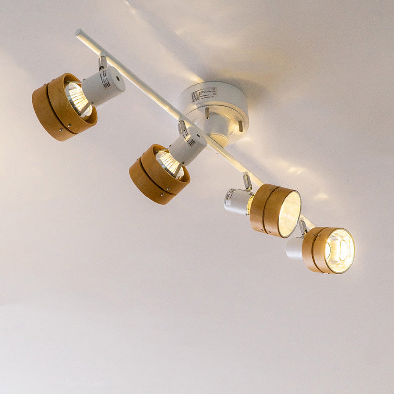 Contemporary Nordic Cylinder Linear Iron Wood Spotlight 4-Light Semi-Flush Mount Ceiling Light For Living Room