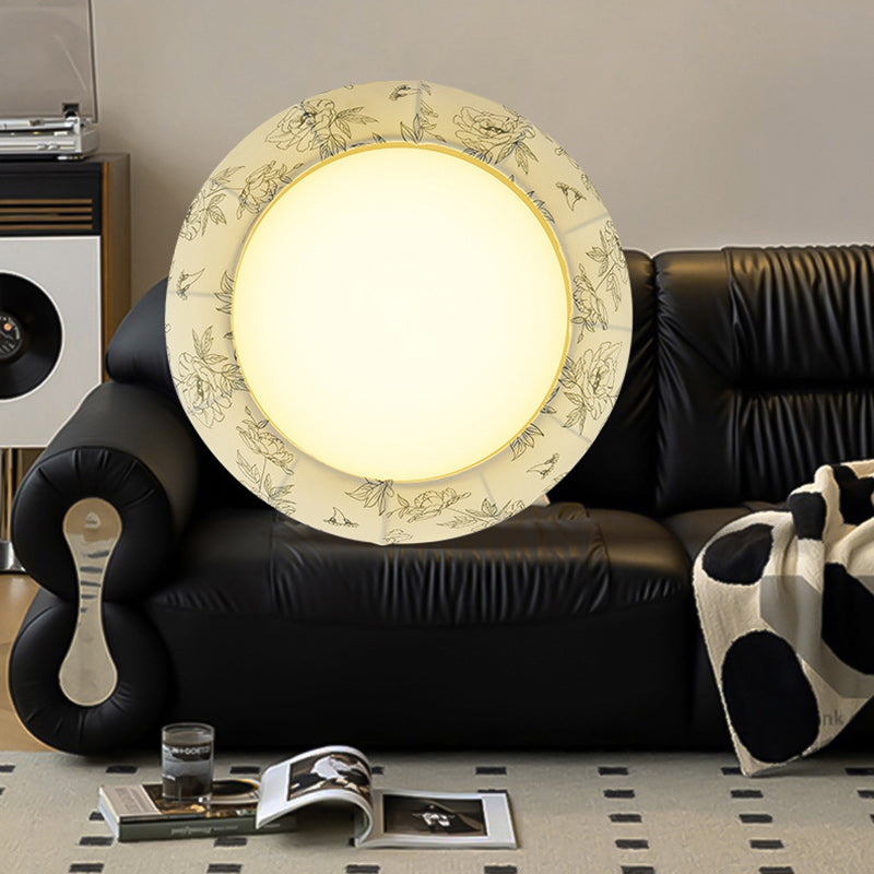 Traditional French Print Bowl Shape Round Iron Fabric LED Flush Mount Ceiling Light For Bedroom