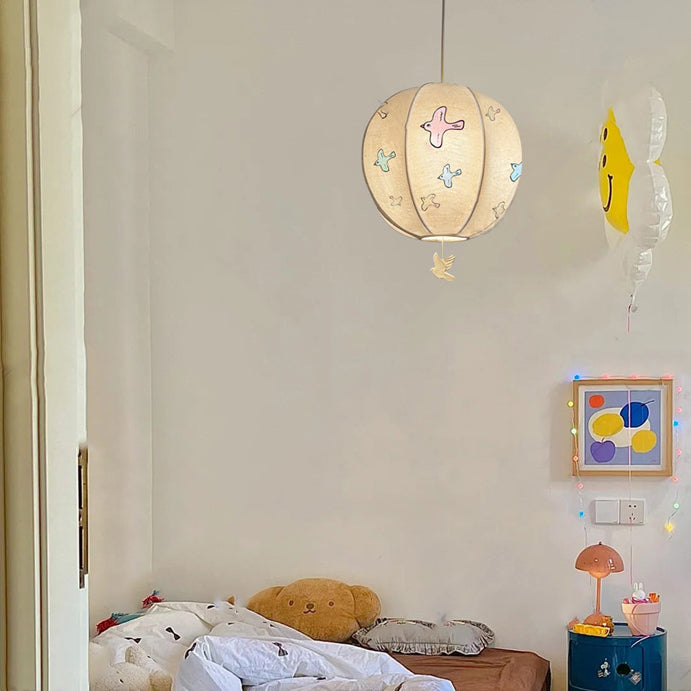 Contemporary Creative Kids Embroidery Peace Dove Round Hardware Fabric 1-Light Pendant Light For Bedroom