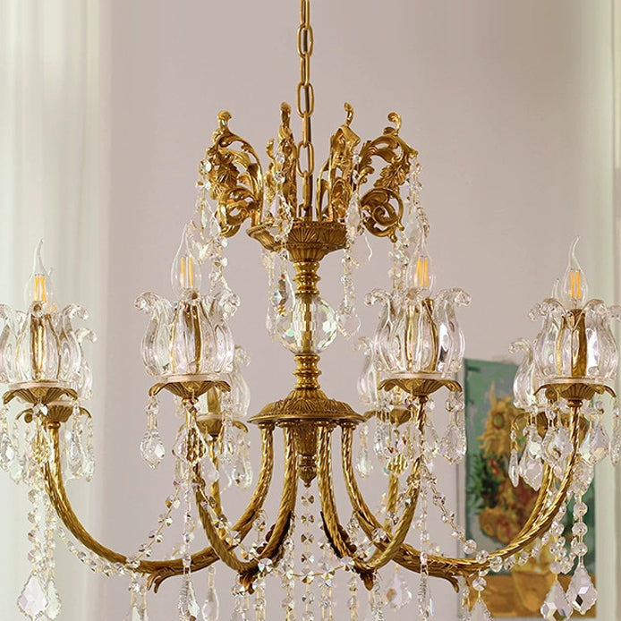 Traditional French Branch Curved Copper Crystal 6/8 Light Chandelier For Living Room