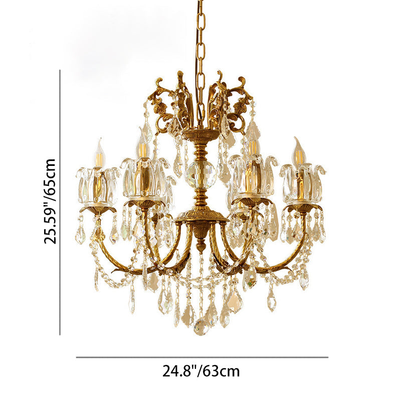 Traditional French Branch Curved Copper Crystal 6/8 Light Chandelier For Living Room