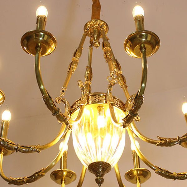 Traditional French Candle Shape Oval Copper Glass 7/9 Light Chandelier For Living Room