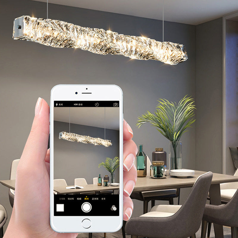 Modern Luxury Rectangle Linear Stainless Steel Crystal LED Island Light Chandelier For Dining Room