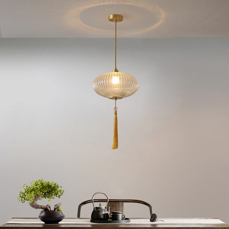 Traditional Chinese Cylinder Oval Copper Glass 1-Light Pendant Light For Bedroom
