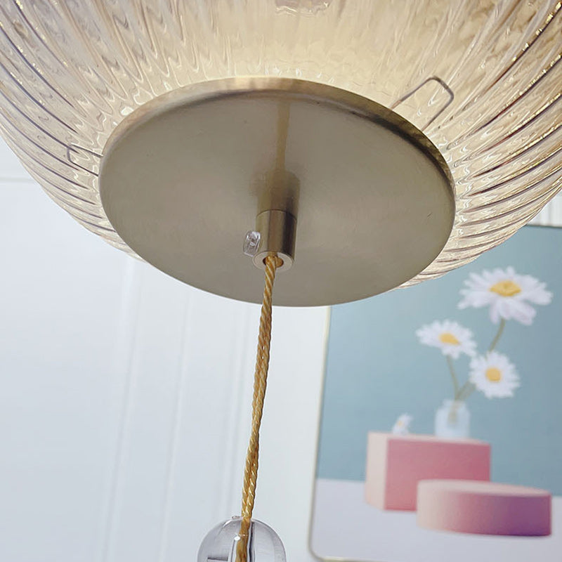 Traditional Chinese Cylinder Oval Copper Glass 1-Light Pendant Light For Bedroom