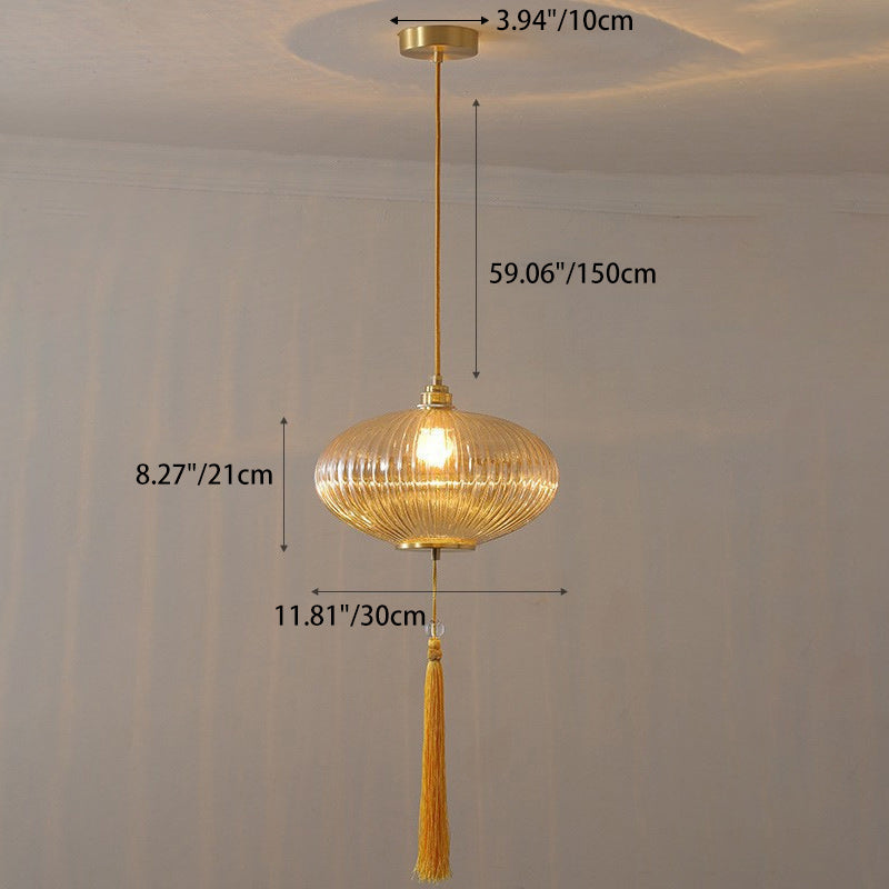 Traditional Chinese Cylinder Oval Copper Glass 1-Light Pendant Light For Bedroom