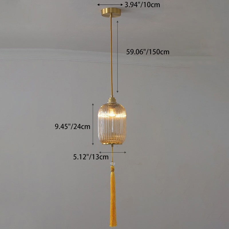 Traditional Chinese Cylinder Oval Copper Glass 1-Light Pendant Light For Bedroom