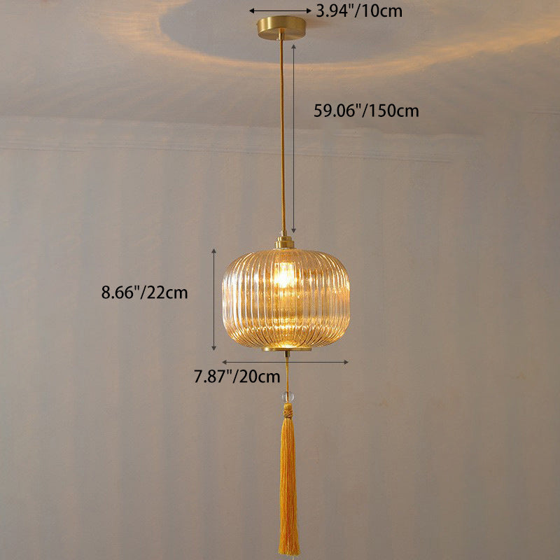 Traditional Chinese Cylinder Oval Copper Glass 1-Light Pendant Light For Bedroom
