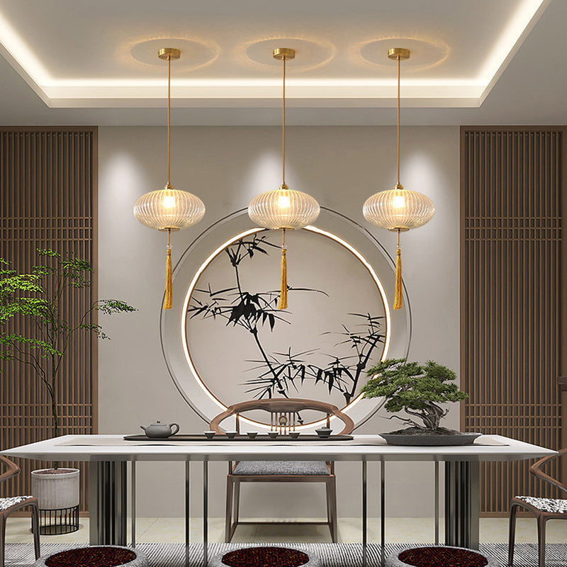 Traditional Chinese Cylinder Oval Copper Glass 1-Light Pendant Light For Bedroom