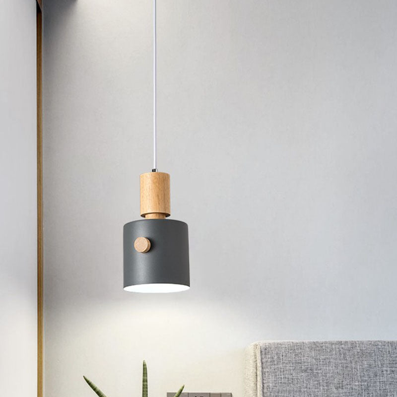 Contemporary Scandinavian Macaron Round Cylinder Iron Wood 1-Light Pendant Light For Bedroom