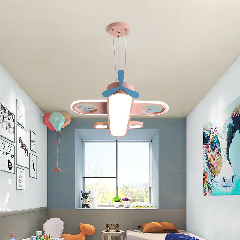 Contemporary Creative Cartoon Kids Airplane Shape Iron Acrylic LED Chandelier For Bedroom