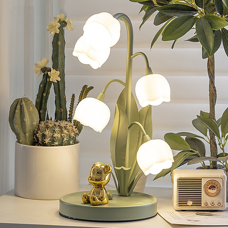 Contemporary Creative Bell Orchid Flower Round Iron PC 5-Light Table Lamp For Bedroom
