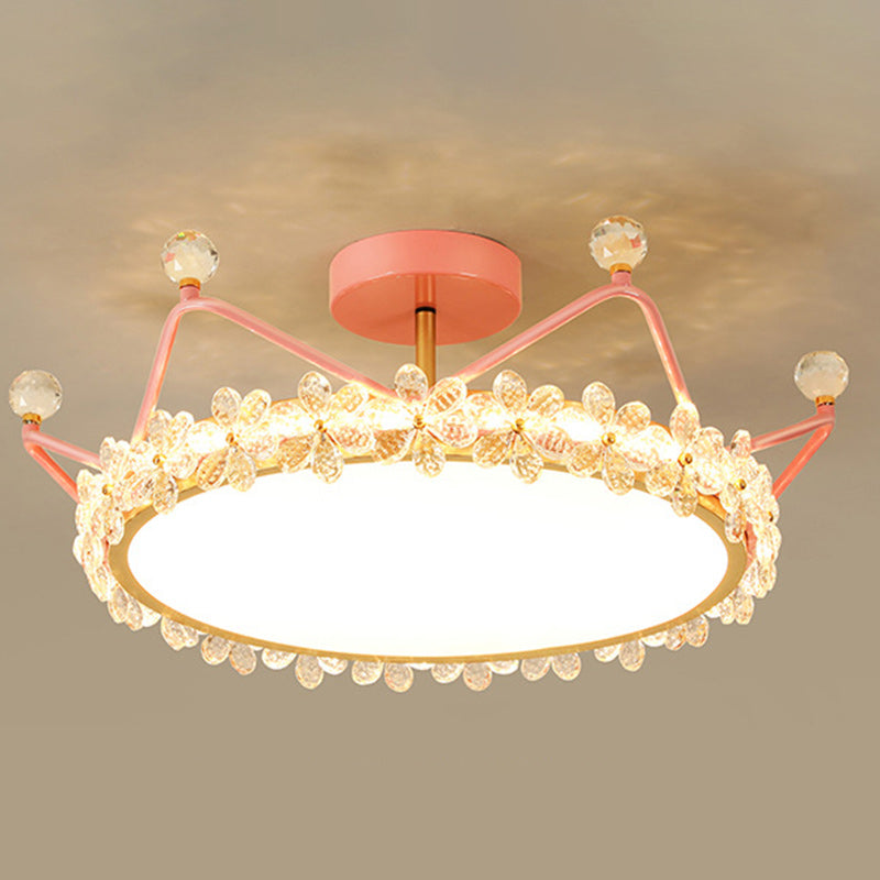 Contemporary Creative Kids Romantic Flower Crown Round Iron Acrylic Crystal LED Semi-Flush Mount Ceiling Light For Bedroom