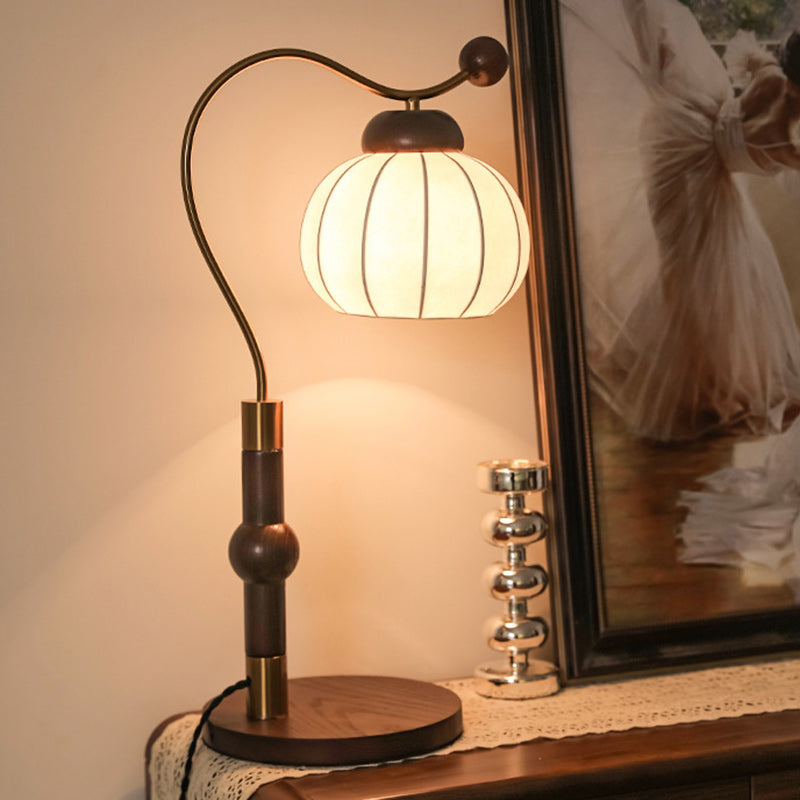 Traditional Vintage Round Oval Ash Wood Silk Aluminum 1-Light Table Lamp For Bedroom