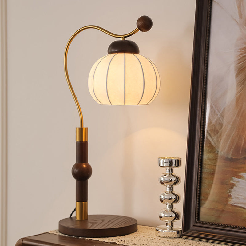 Traditional Vintage Round Oval Ash Wood Silk Aluminum 1-Light Table Lamp For Bedroom