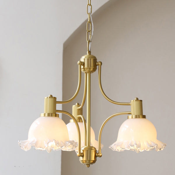 Traditional French Floral Round Copper Glass 3/5 Light Chandelier For Living Room