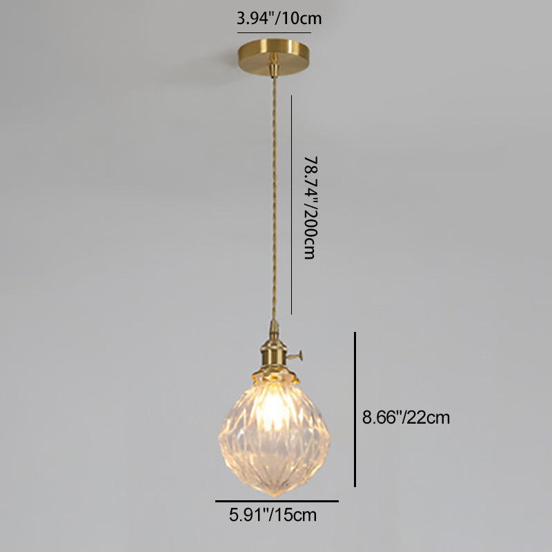 Contemporary Creative Round Orb Diamond Cone Copper Glass 1-Light Pendant Light For Bedroom