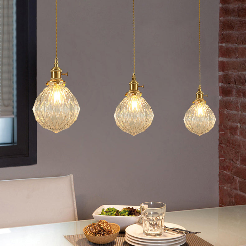 Contemporary Creative Round Orb Diamond Cone Copper Glass 1-Light Pendant Light For Bedroom