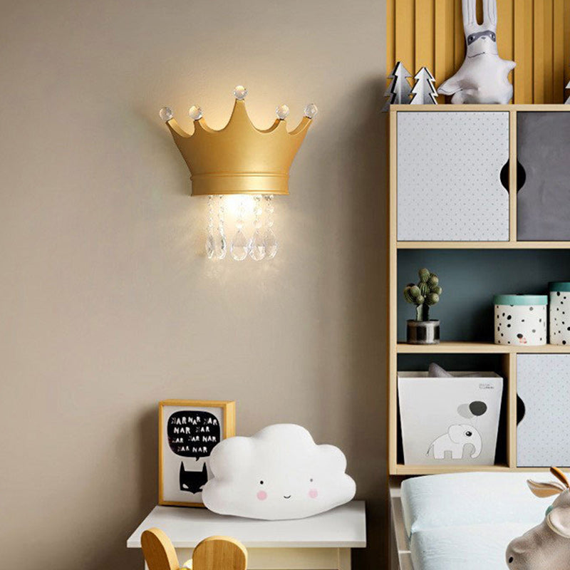 Contemporary Creative Kids Crown Semicircle Resin Crystal 2-Light Wall Sconce Lamp For Bedroom