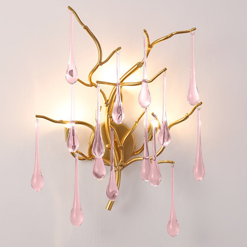 Modern Art Deco Tree Branch Colorful Water Drops Aluminum Glass 3-Light Wall Sconce Lamp For Bedroom