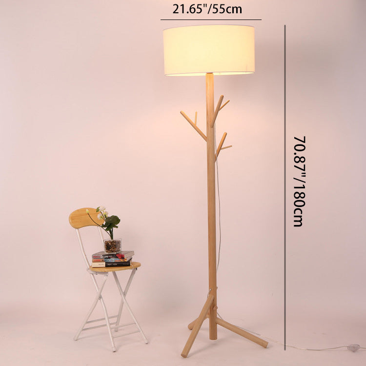 Traditional Japanese Twig Shaped Round Cylinder Wood Fabric 1-Light Standing Floor Lamp For Living Room