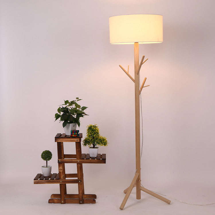 Traditional Japanese Twig Shaped Round Cylinder Wood Fabric 1-Light Standing Floor Lamp For Living Room