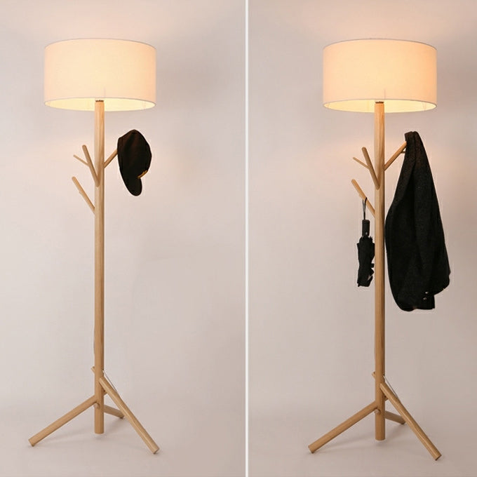 Traditional Japanese Twig Shaped Round Cylinder Wood Fabric 1-Light Standing Floor Lamp For Living Room
