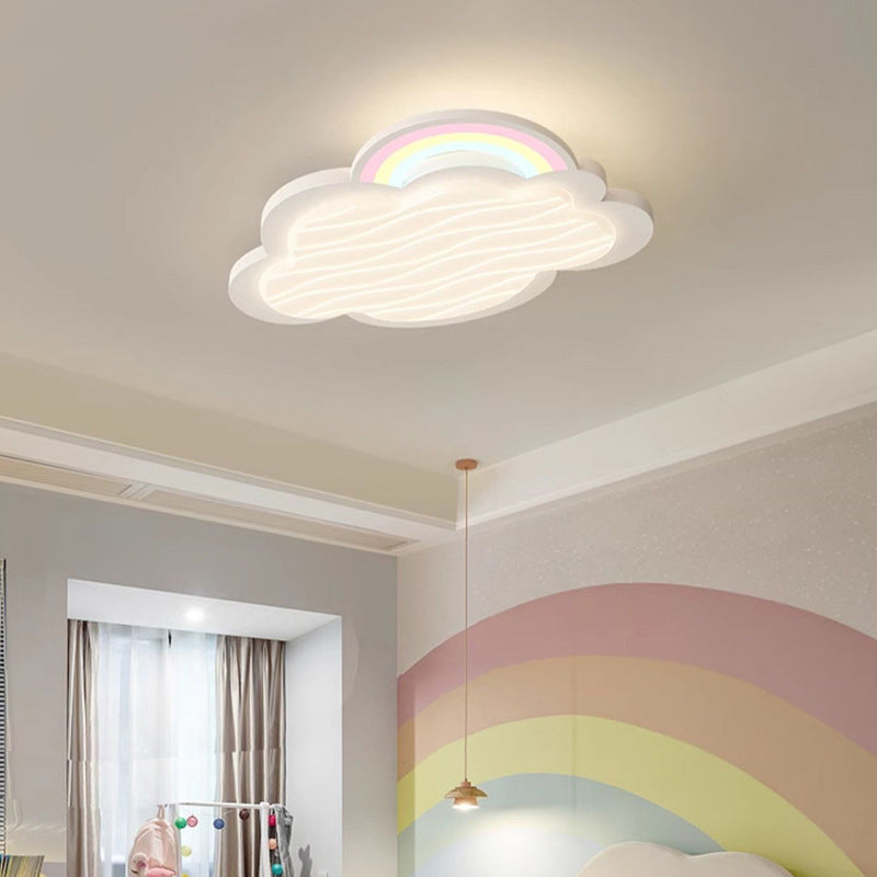 Contemporary Creative Kids Cartoon Cloud Sun Rainbow Iron Acrylic LED Flush Mount Ceiling Light For Bedroom