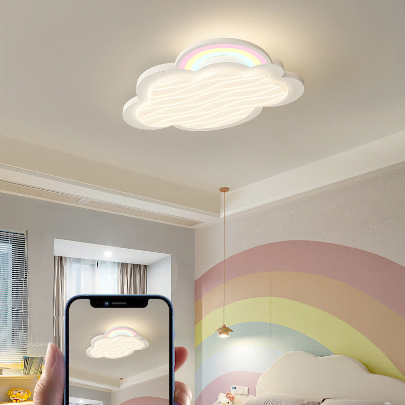 Contemporary Creative Kids Cartoon Cloud Sun Rainbow Iron Acrylic LED Flush Mount Ceiling Light For Bedroom