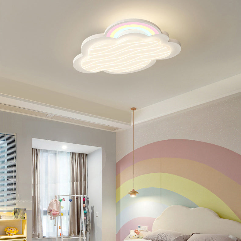 Contemporary Creative Kids Cartoon Cloud Sun Rainbow Iron Acrylic LED Flush Mount Ceiling Light For Bedroom