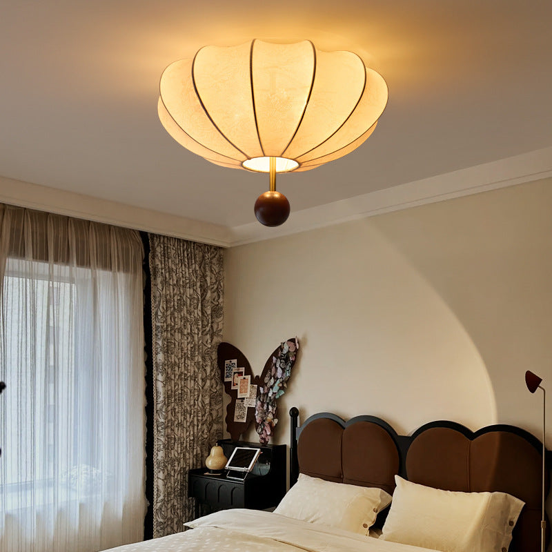Traditional French Cream Round Oval Hardware Wood Fabric 3/4 Light Flush Mount Ceiling Light For Bedroom