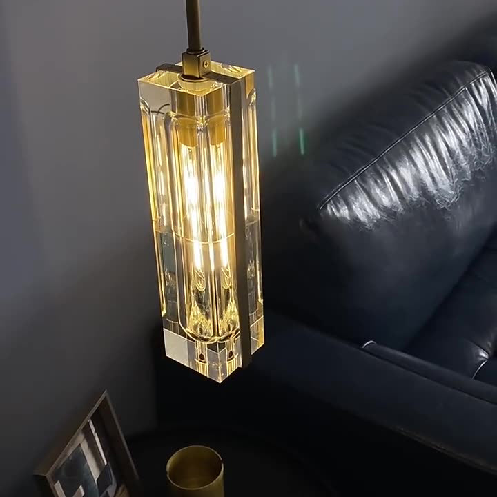 Modern Luxury Rectangle Linear Copper Crystal 1-Light Pendant Light For Bedroom