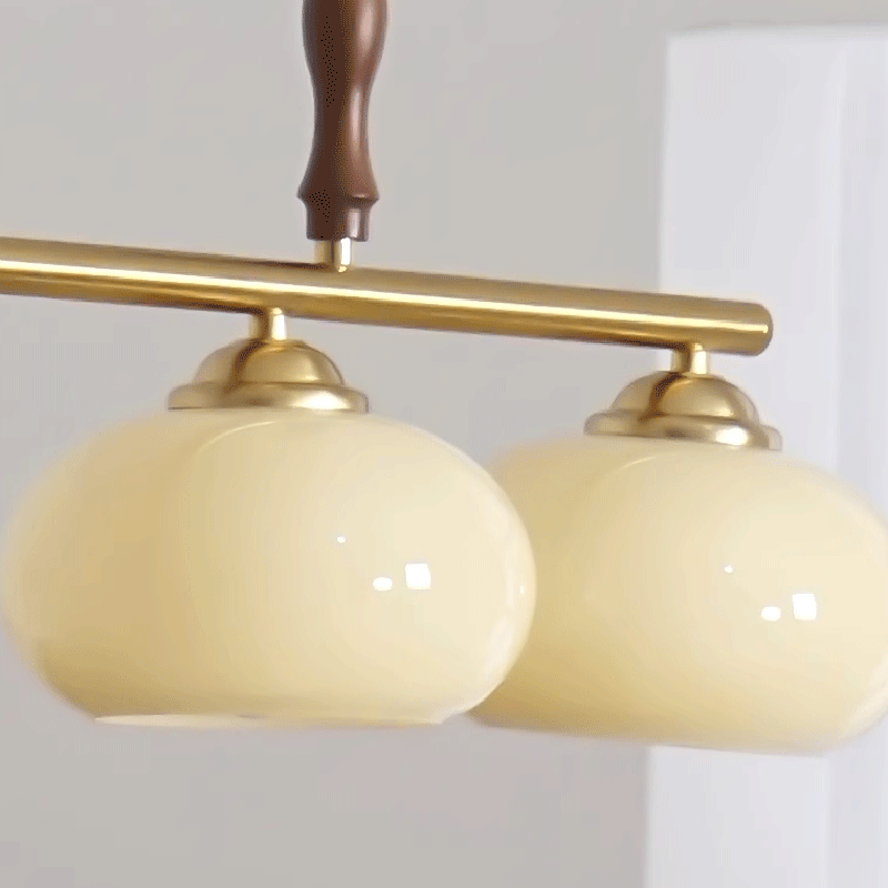 Contemporary Scandinavian Round Linear Iron Wood Glass 3-Light Chandelier For Dining Room