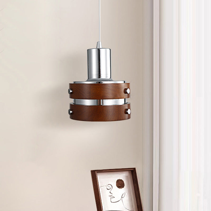 Traditional Vintage Cylinder Iron Wooden 1-Light Pendant Light For Bedroom
