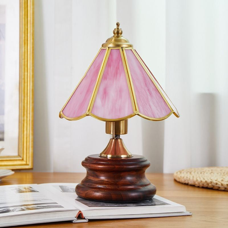 Traditional Vintage Cone Glass Iron Solid Wood 1-Light Table Lamp For Bedroom