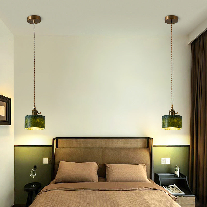 Traditional Vintage Cylinder Jade Metal Glass 1-Light Pendant Light For Bedroom