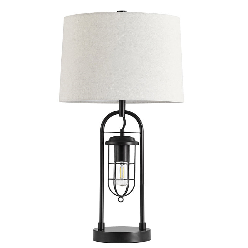 Traditional Vintage Cylinder Linen Metal 1-Light Table Lamp For Bedroom