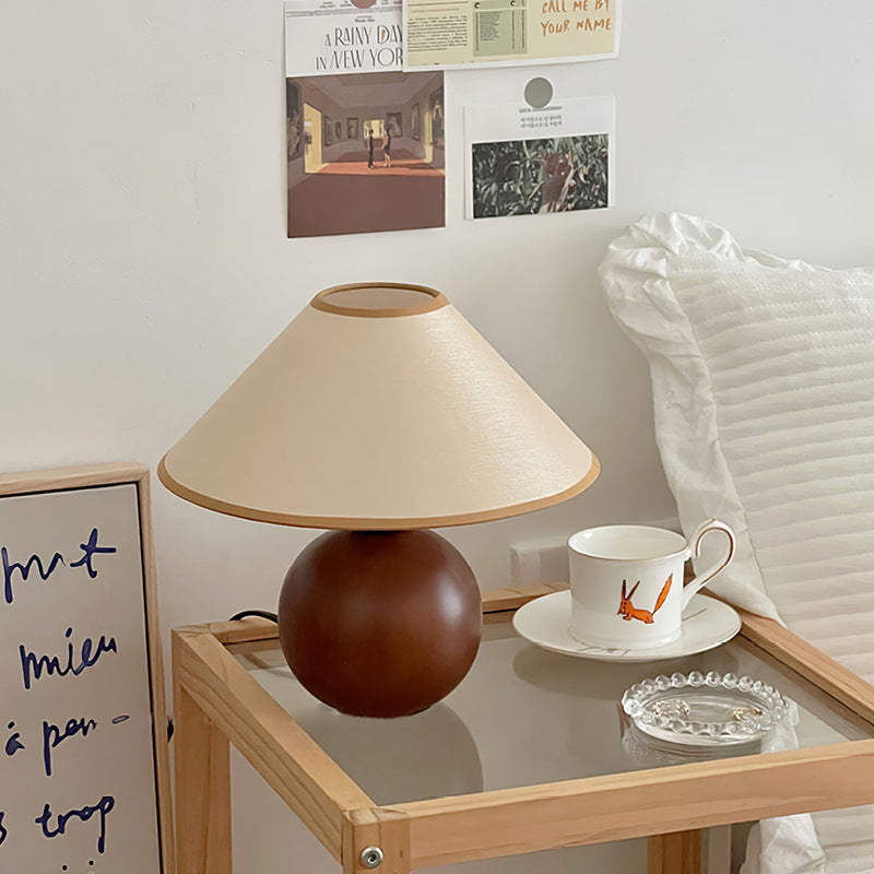 Traditional Vintage Round Sphere Rubberwood Cloth 1-Light Table Lamp For Bedroom
