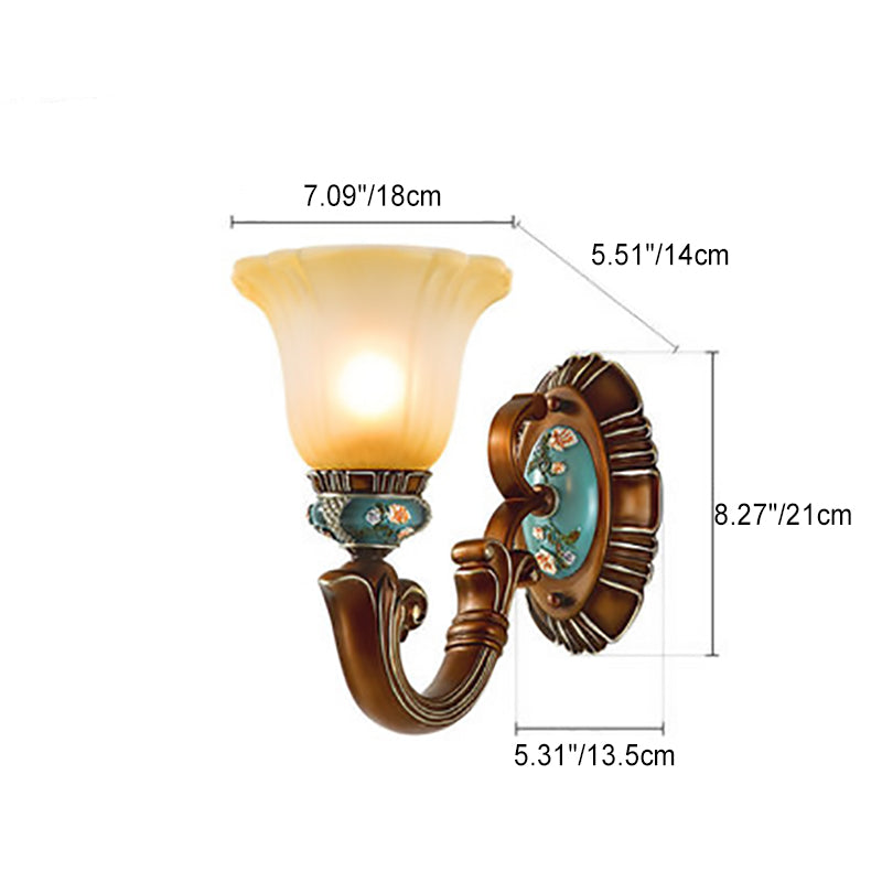 Traditional Vintage Flower Resin Iron Glass 1-Light Wall Sconce Lamp For Bedroom
