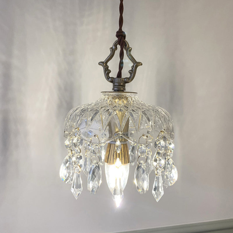 Traditional Vintage Round Glass Crystal Copper 1-Light Pendant Light For Bedroom
