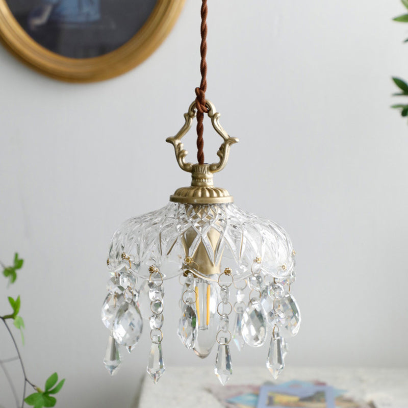 Traditional Vintage Round Glass Crystal Copper 1-Light Pendant Light For Bedroom