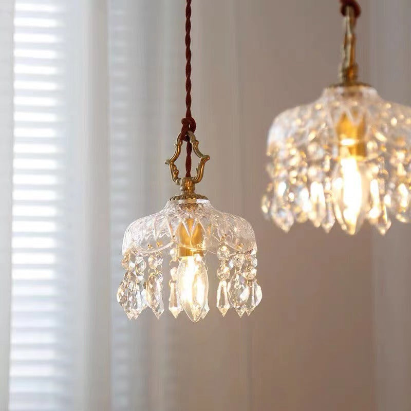 Traditional Vintage Round Glass Crystal Copper 1-Light Pendant Light For Bedroom
