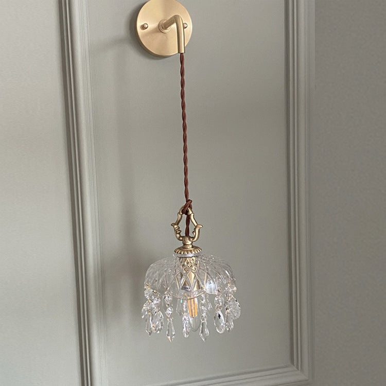 Traditional Vintage Round Glass Crystal Copper 1-Light Pendant Light For Bedroom