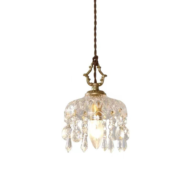 Traditional Vintage Round Glass Crystal Copper 1-Light Pendant Light For Bedroom