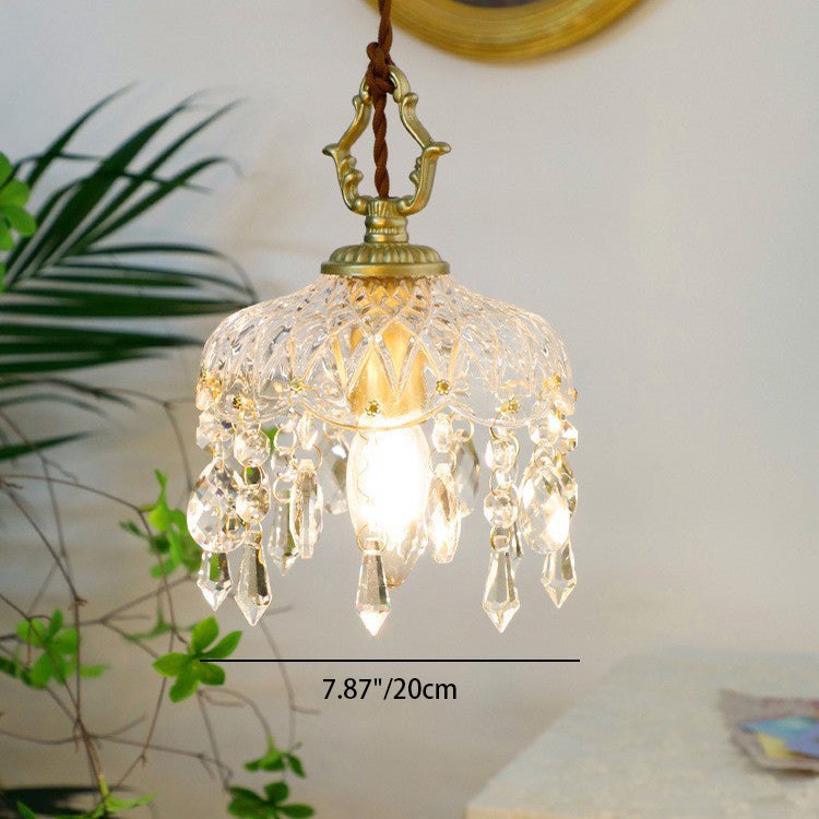 Traditional Vintage Round Glass Crystal Copper 1-Light Pendant Light For Bedroom