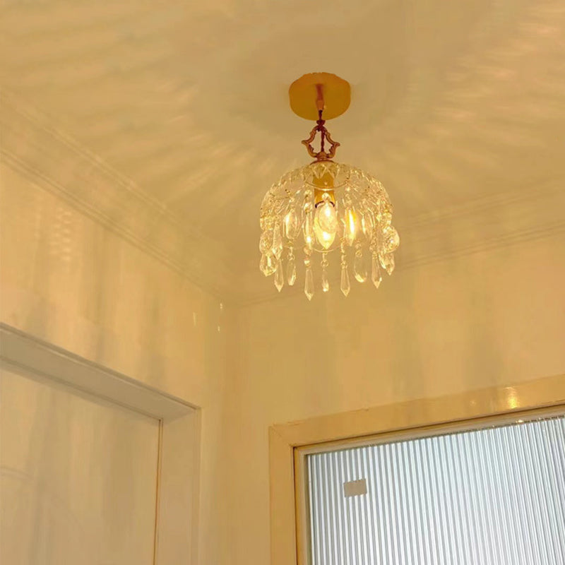 Traditional Vintage Round Glass Crystal Copper 1-Light Pendant Light For Bedroom